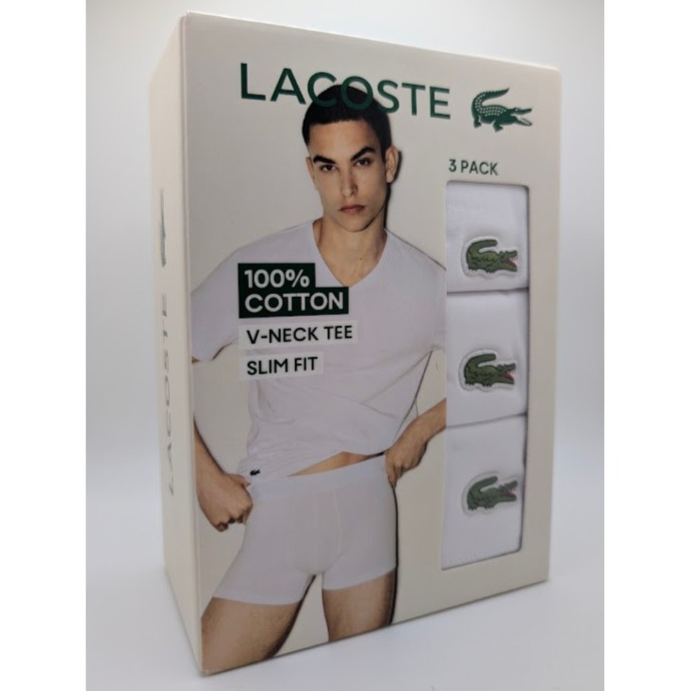 Lacoste Logo T-Shirt Mens L White Slim Fit V-Neck Cotton 3 Pack NIB Lot of 3